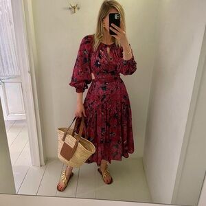 NWT Ulla Johnson Helia Ruched Printed Cotton Midi Dress, Snapdragon, Size 0